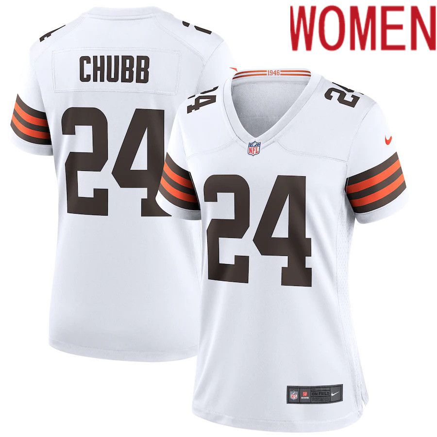 Women Cleveland Browns 24 Nick Chubb Nike White Game NFL Jersey
